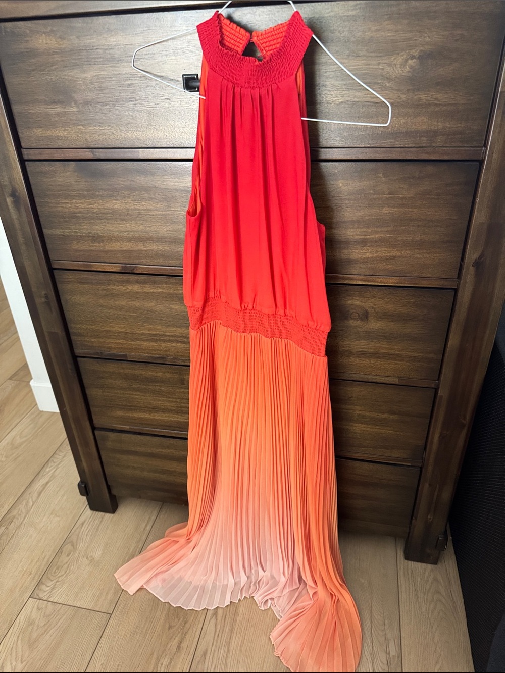 White House Black Market Red to Peach Ombre Pleated Maxi Dress